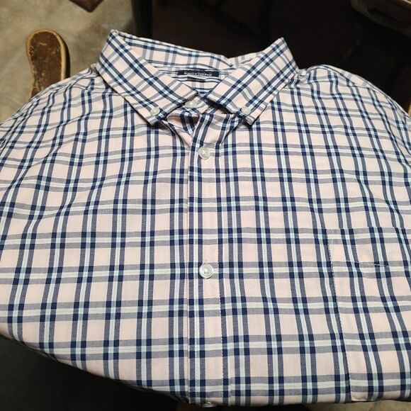 New Basic Editions Easy Care  Pink Blue Plaid Short Sleeve Button Down Men's 5XL - Picture 2 of 2